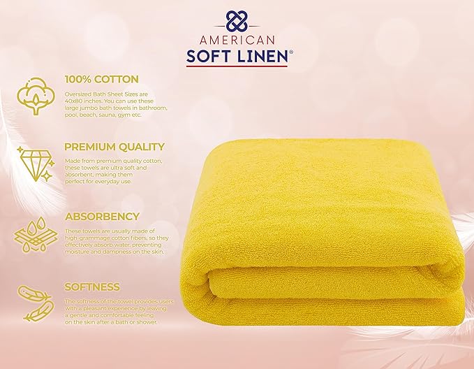 American Soft Linen 100% Cotton 600 GSM Turkish 40x80 Oversized Bath Towel Sheet, Extra Large Adult Towels for Bathroom, Yellow Bath Sheet