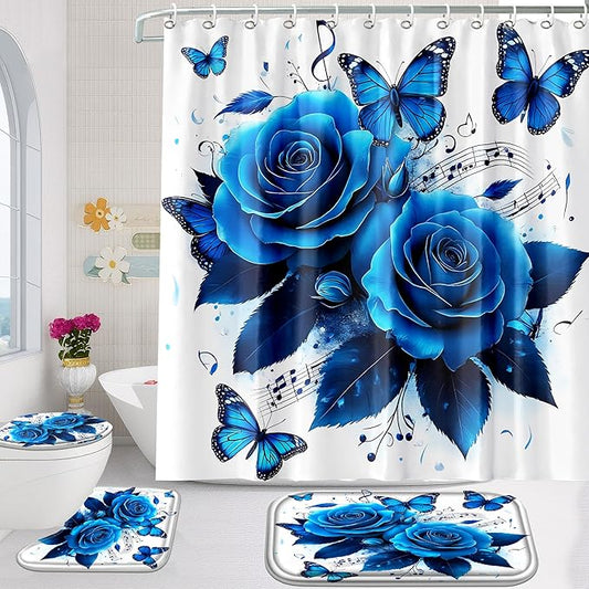 Poedist 4 Pcs Bathroom Shower Curtain Set, Bathroom Set, Blue Rose Shower Curtain Sets with Rugs(Bath Mat,U Shape and Toilet Lid Cover Mat) and 12 Hooks-04