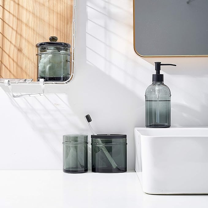 4-Piece Bathroom Accessories Set, Dark Smoke Gray Plastic Dispenser Set with Soap Pump, Toothbrush Holder, Cotton Swab Jar, and Tumbler for Modern Vanity Countertop Decor