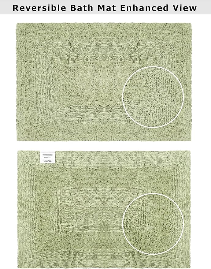 COTTON CRAFT Luxurious Bath Mat Rug - Set of 2 Reversible Heavyweight Step Out Bath Mats for Bathroom Floor, Tub and Shower - Pure Cotton Soft Plush Absorbent Tufted Racetrack Mat - 17x24 - Sage Green