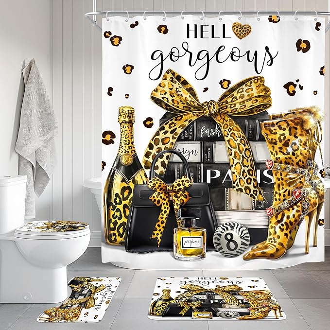 Cinbloo 4Pcs Gold Black Leopard Shower Curtain Set, Luxury Cheetah Bathroom Curtain with Rug, Toilet Lid Cover, Bath Mat, Fashion Magazine Books Perfume High Heels Girly Shower Curtain with 12 Hooks