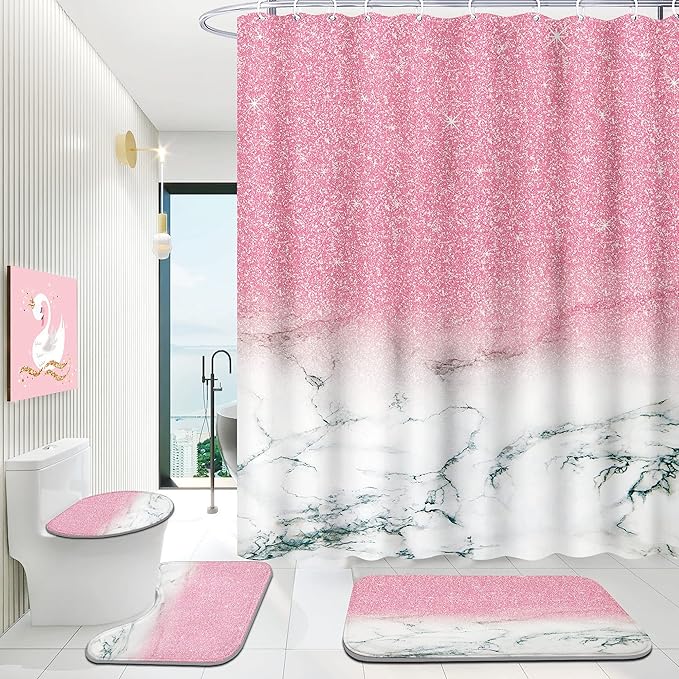 4 Piece Bathroom Shower Curtain Set with Rugs, Pink Marble Shower Curtain Sets with 12 Hooks, Non Slip Bath Mat, U-Shaped Floor Mat and Toilet Lid Oval Rug for Bathroom Set Decor