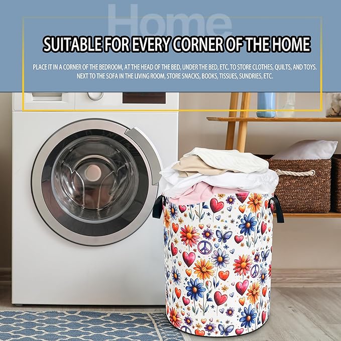Peace Flowers Laundry Basket Hippie Floral Foldable Waterproof Oxford Cloth Funny Tote Bag Laundry Hamper Clothes Storage Bucket Toy Organizer For Bathroom/Laundry Storage/Bedroom 18.9x16.5 Inch