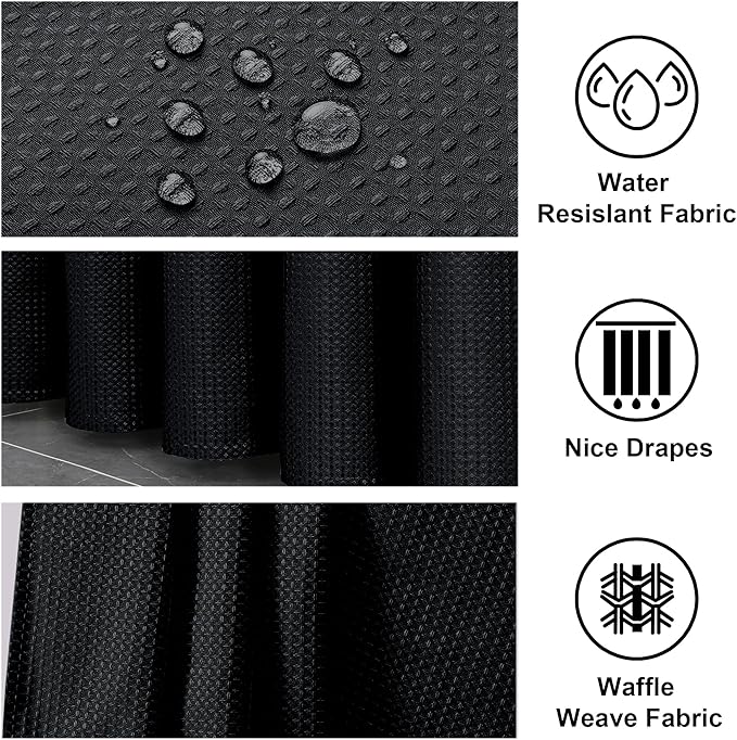 OWENIE Black Waffle Weave Fabric Shower Curtain, Textured Heavy Cloth Shower Curtains for Bathroom, Water Repellent Soft Hotel Spa Luxury Elegant Bath Curtain, Machine Washable, Black, 72x78 Inch