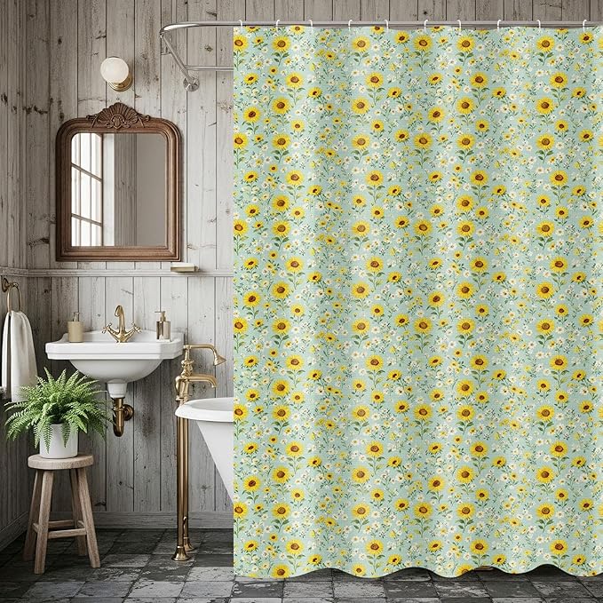 Boao Floral Shower Curtain Linen Farmhouse Cottagecore Spring Shower Curtain Boho Rustic Wildflowers Water Repellent for Bathroom Farmhouse 72" W x 72" L(Sunflower)