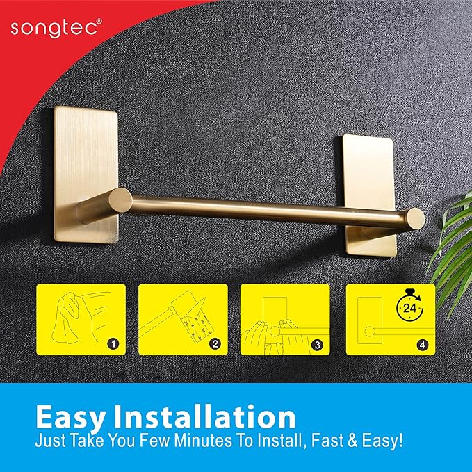 Songtec Gold Towel Bar 16-Inch, Adhesive Stick On Bath Towel Rack No Drill, Strong Adhesion Tape Mount Towel Holder, Stainless Steel - Brushed Gold