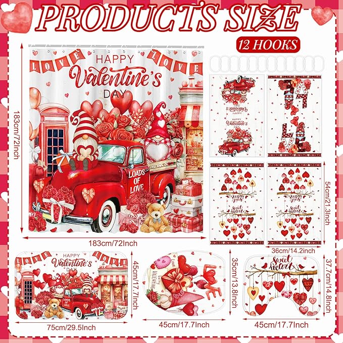 FuWeave 8 Pcs Valentines Shower Curtain Set Red Heart Sweet Love Romantic Bathroom Decor Valentines Day Gnome Waterproof Shower Curtain Towels Non Slip Rug Toilet Lid Cover Bath Mat with 12 Hooks