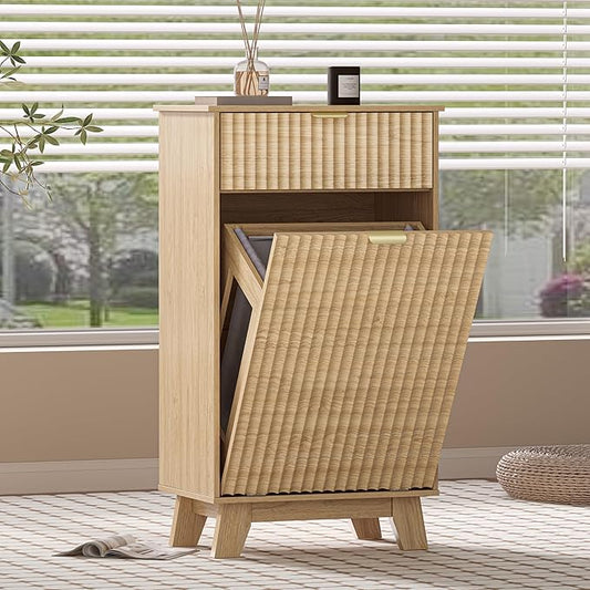 Wodeer Tilt Out Laundry Hamper Cabinet with Storage and Drawer, 10 Gallon Fluted Hidden Trash Can Cabinet, Farmhouse Wood Laundry Basket Cabinets for Bathroom, Kitchen, Natural Oak