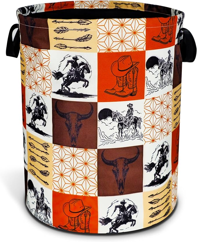 Western Cowboy Laundry Basket Cow Skull Foldable Oxford Cloth Funny Tote Bag Laundry Hamper Clothes Storage Bucket Toy Organizer For Bathroom/Laundry Storage/Bedroom 18.9x16.5 Inch