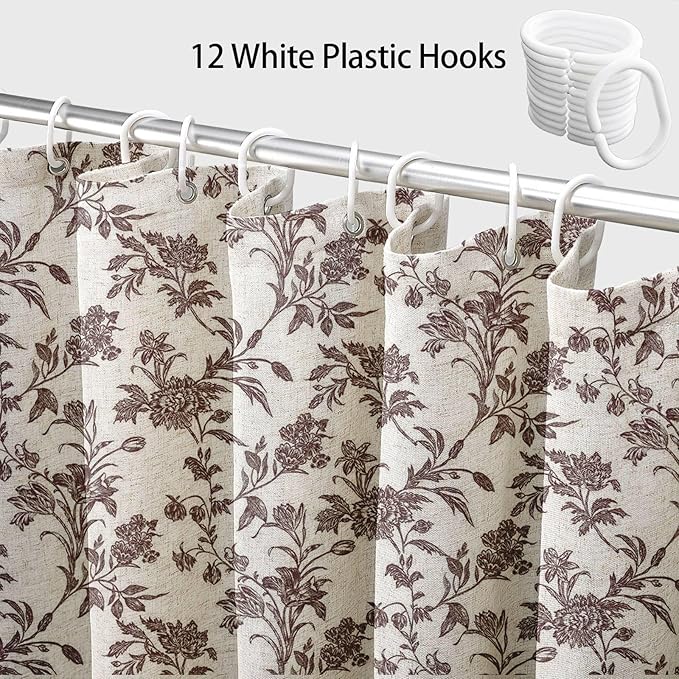 Extra Long Brown Shower Curtain Floral Cotton Linen Cottagecore Shower Curtain for Bathroom 84" L x 72" W