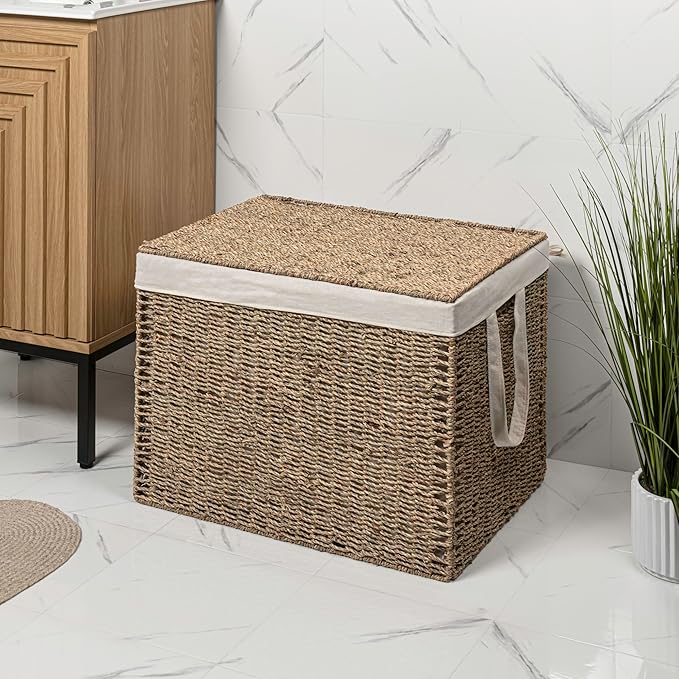 happimess BSK2017A Reed Coastal Bohemian Handwoven Seagrass Laundry Hamper 110L (29.1 Gallon) with Lid and Removable Liner, Seagrass Containers for Decoration in Living Room, Natural