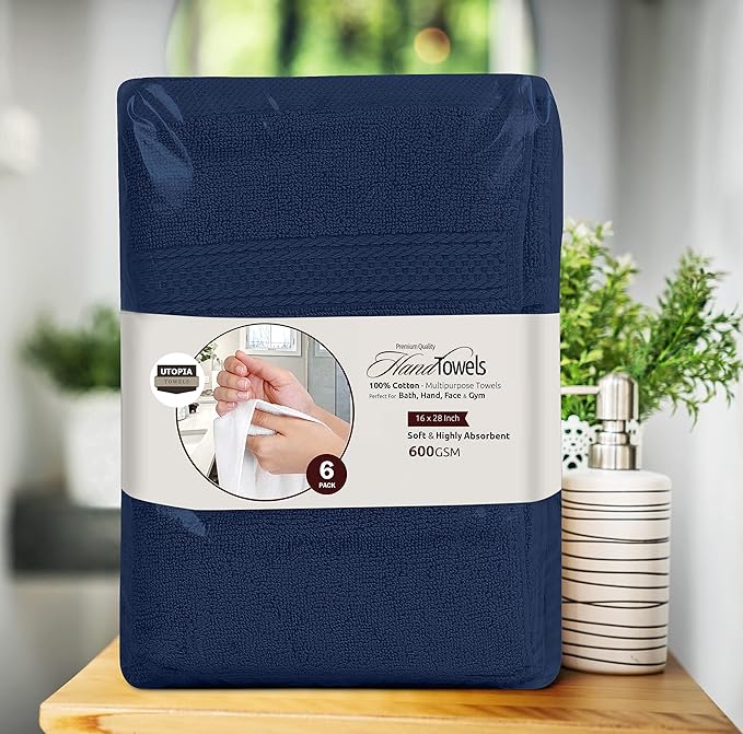 Utopia Towels 6 Pack Premium Hand Towels Set, 16 by 28 inches, 100% Ring Spun Cotton, Ultra Soft and Highly Absorbent 600GSM Towels for Bathroom, Gym, Shower, Hotel, and Spa, Navy Blue