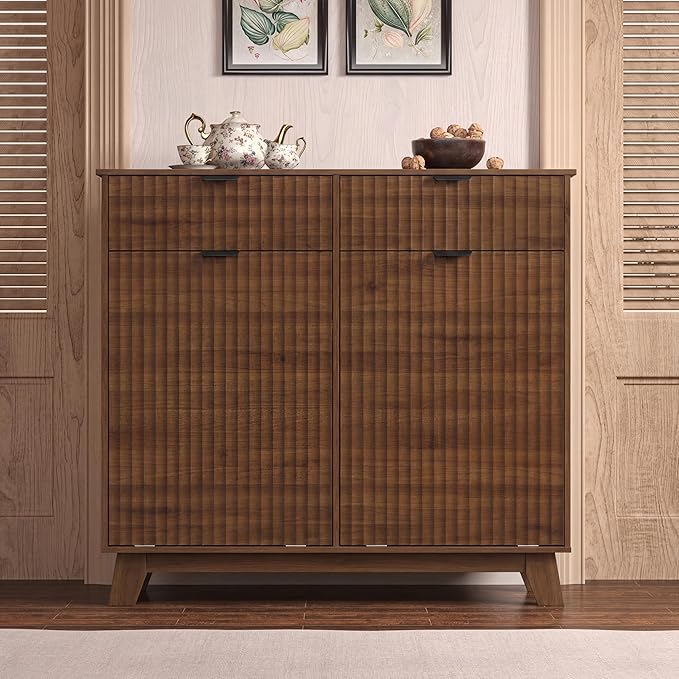 Wodeer Double Tilt Out Laundry Hamper Cabinet with 2 Drawers & Baskets, 20 Gallon Fluted Hidden Trash Can Cabinet, Farmhouse Wood Laundry Storage Cabinets for Bathroom, Kitchen, Walnut