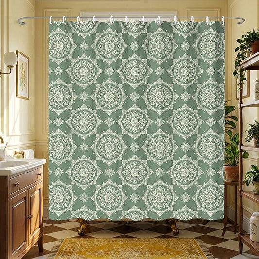 Boho Green Sage Shower Curtains for Bathroom,Funny Bohemian Mandala Shower Curtain,Aesthetic Waterproof Polyester Boho Bathroom Decor,72x72 Inch