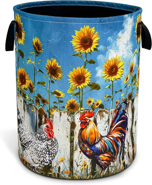 Chicken Laundry Basket Sunflower Foldable Waterproof Oxford Cloth Funny Tote Bag Laundry Hamper Clothes Storage Bucket Toy Organizer For Bathroom/Laundry Storage/Bedroom 18.9x16.5 Inch
