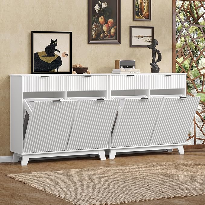Wodeer Double Tilt Out Laundry Hamper Cabinet with 2 Drawers & Baskets, 20 Gallon Fluted Hidden Trash Can Cabinet, Farmhouse Wood Laundry Storage Cabinets for Bathroom, Kitchen, White