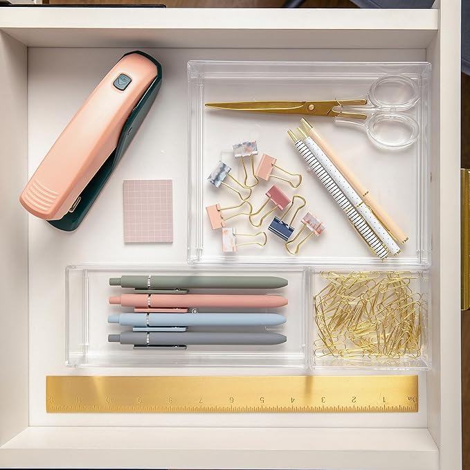 Martha Stewart Brody Desktop Storage Organizer, Stack and Slide Plastic Organizer Tray, Organizer for Office, Kitchen, or Vanity, 1-S, 1-M, 1-L