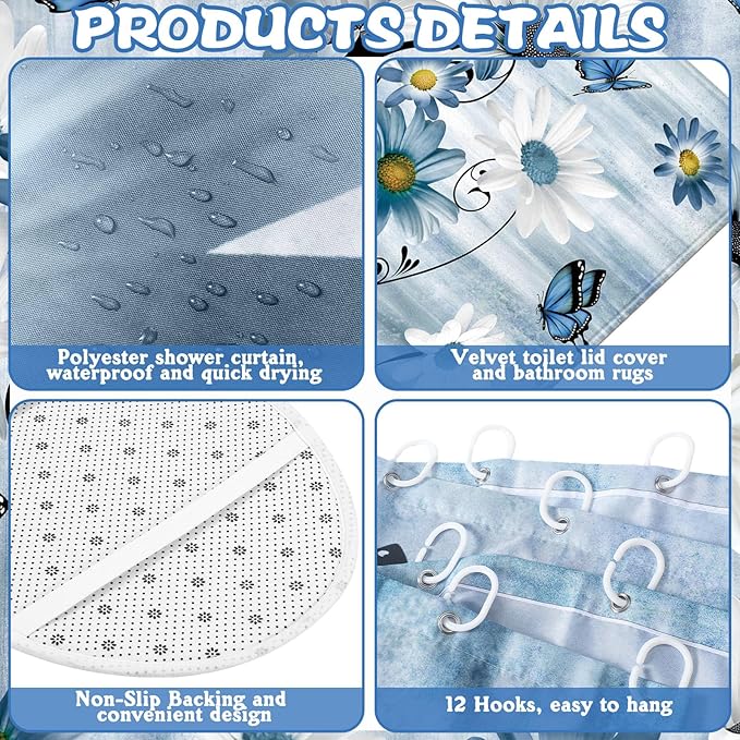 FuWeave 8 Pcs Rustic Farmhouse Shower Curtain Sets for Bathroom Daisy Floral and Butterfly Shower Curtain Sets with Rugs, Flowers Towels, Non-Slip Rug, Toilet Lid Cover, Bath Mat and 12 Hooks (Blue)