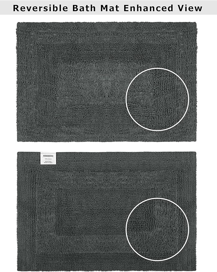 COTTON CRAFT Luxurious Bath Mat Rug - Set of 2 Reversible Heavyweight Step Out Bath Mats for Bathroom Floor, Tub and Shower - Pure Cotton Soft Plush Absorbent Hand Tufted Mat - 17 x 24 - Charcoal Grey
