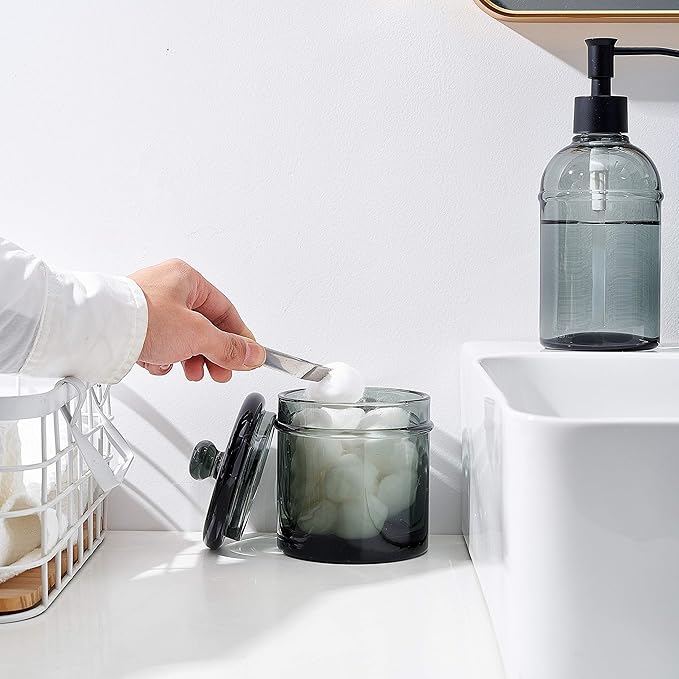 4-Piece Bathroom Accessories Set, Dark Smoke Gray Plastic Dispenser Set with Soap Pump, Toothbrush Holder, Cotton Swab Jar, and Tumbler for Modern Vanity Countertop Decor