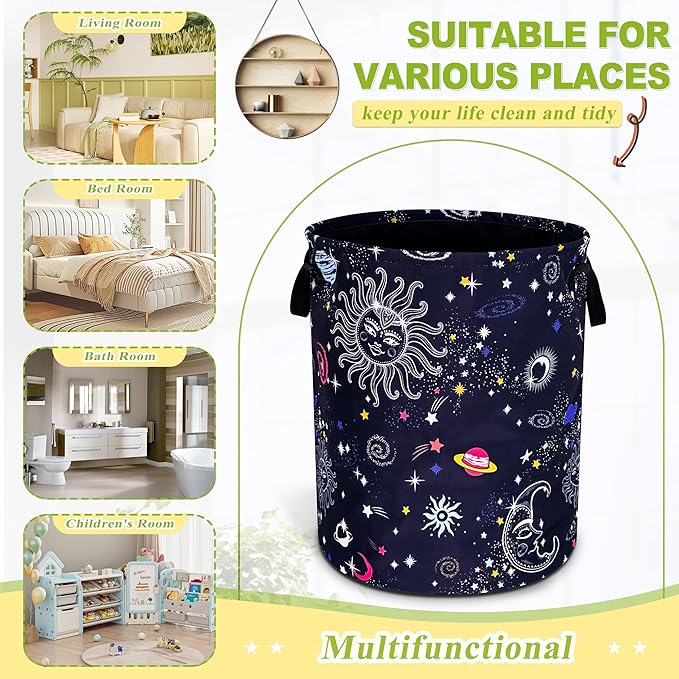 Sun Moon Galaxy Laundry Basket Funny Cosmic Foldable Waterproof Oxford Cloth Tote Bag Laundry Hamper Round Large Clothes Storage Bucket Toy Organizer For Bathroom/Laundry Storage/Bedroom 18.9x16.5 In