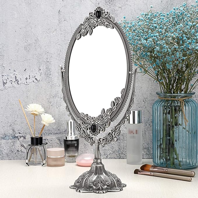 JUXYES Metal Tabletop Antique Decorative Makeup Mirror with Stand, Vintage Swivel Double Sided Cosmetic Mirror with Frame, Retro Desktop Oval Dressing Mirror for Bathroom Bedroom