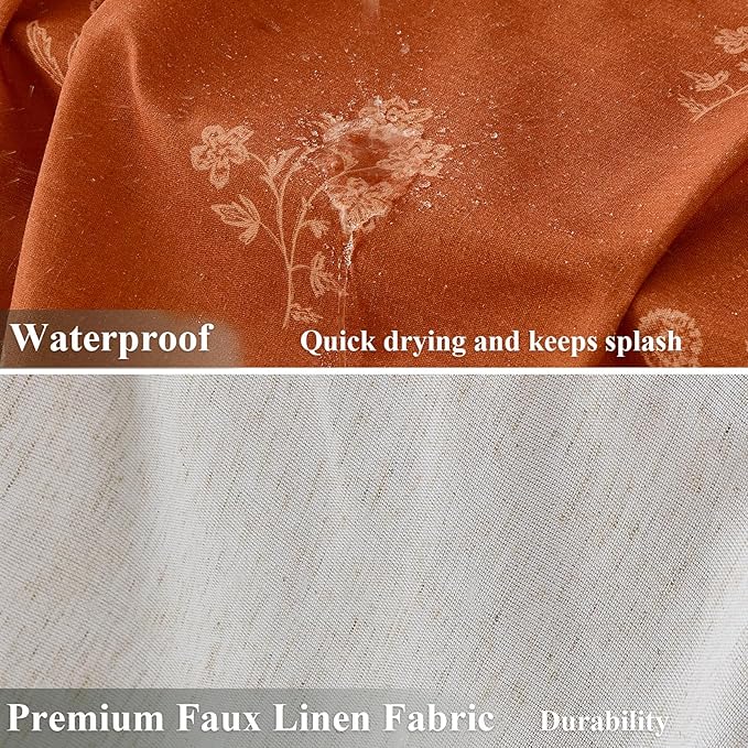 ORTIGIA Linen Shower Curtain 72 W x 84 L Farmhouse Vintage Terracotta Floral Long Shower Curtains Modern Boho Rustic Block Print Cottagecore Decor for Bathroom