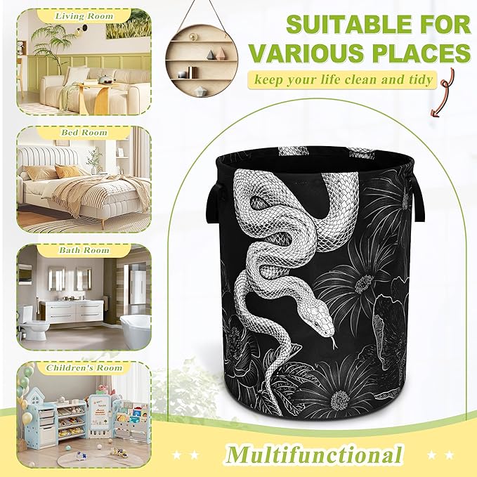 Snake Laundry Basket Floral Prints Funny Foldable Waterproof Oxford Cloth Tote Bag Laundry Hamper Round Large Clothes Storage Bucket Toy Organizer For Bathroom/Laundry Storage/Bedroom 18.9x16.5 Inch