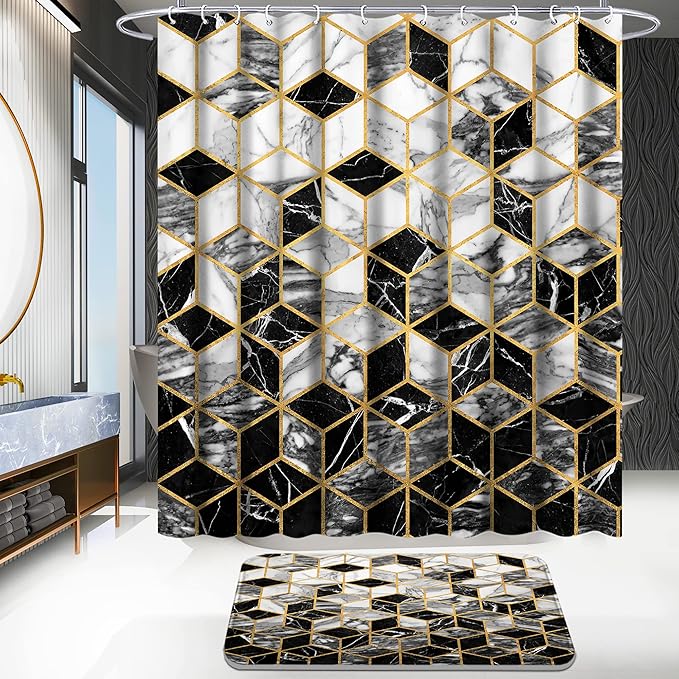 Poedist 4 Pcs Bathroom Shower Curtain Set, Honeycomb Marble Bathroom Sets with Rugs(Bath Mat,U Shape and Toilet Lid Cover Mat) and 12 Durable Hooks