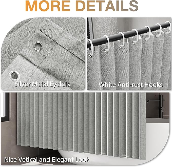 Jubilantex Folding Linen Shower Curtain for Bathroom Grey Waterproof Shower Curtain 1 Panel with 14 Metal Grommets and 1 Tie Back for Hotel,70"x70"