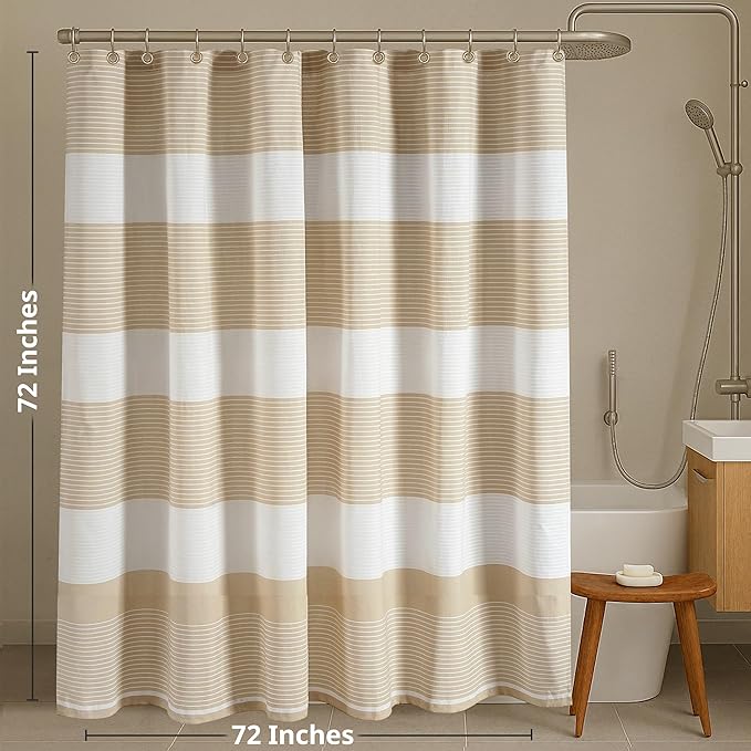 LANE LINEN Premium Shower Curtain for Bathroom - 72W x 72H - Dobby Striped Soft Textured Weave - Water Resistant & Quick Dry - Machine Washable - Reinforced Header with Metal Grommets - Beige