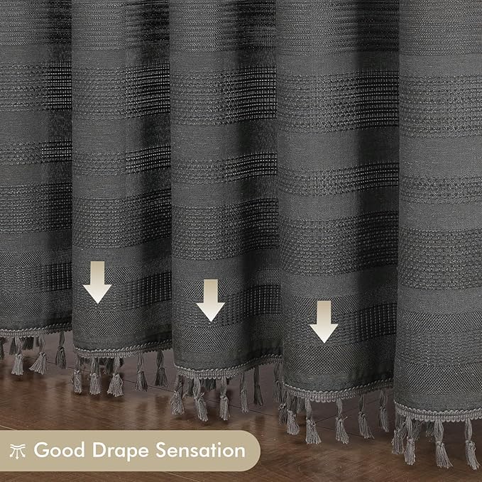 OVZME Extra Long Boho Shower Curtain 84 Inch Long, Modern Farmhouse Heavy Duty Textured Soft Fabric, Rustic Country Luxury Cloth Shower Curtain with Tassel for Bathroom Hotel, 72Wx84L, Charcoal Grey