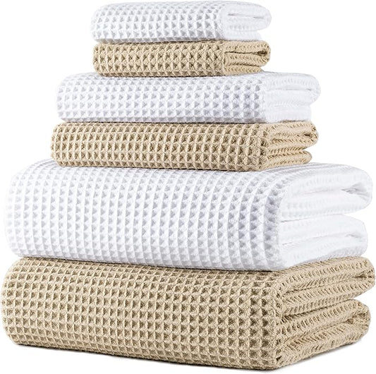 POLYTE 430 GSM Microfiber Quick Dry Lint Free Oversize Bath Towel Set, 6 Piece (Waffle Weave)