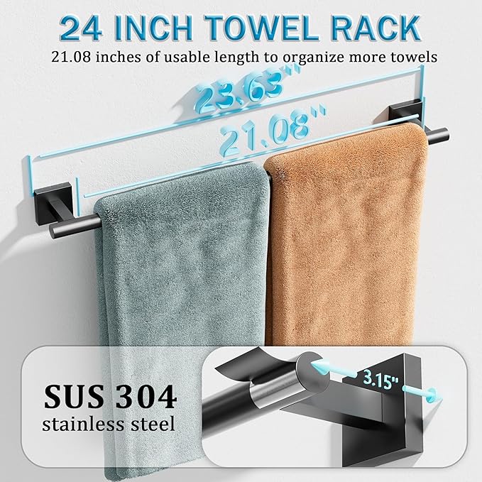 Alise 24 Inch Bathroom Towel Bar, SUS304 Stainless Steel Towel Racks for Bathroom, Towel Rack Wall Mounted Heavy Duty Hand Towel Holder Single Towel Bar, Matte Black