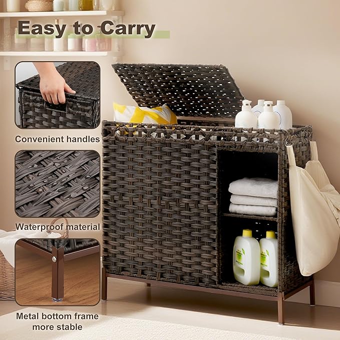 Gitelsnour Laundry Hamper with Lid, 110L (29.1 Gal) Rattan Laundry Hamper 2 Section with 50L (13.2 Gal) Storage Shelf, Wicker Woven Laundry Sorter Basket with 3 Liner Bags and Handles, Brown GLH002BR