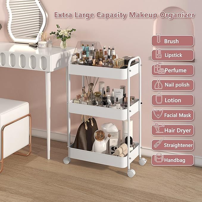 3 Tier Makeup Organizer Cart, Skincare Organizer Floor Carts with Wheels, Vanity Cosmetic Organizer Storage, Nail Polish Hair Tool Display Case Holder, Easy to Assemble