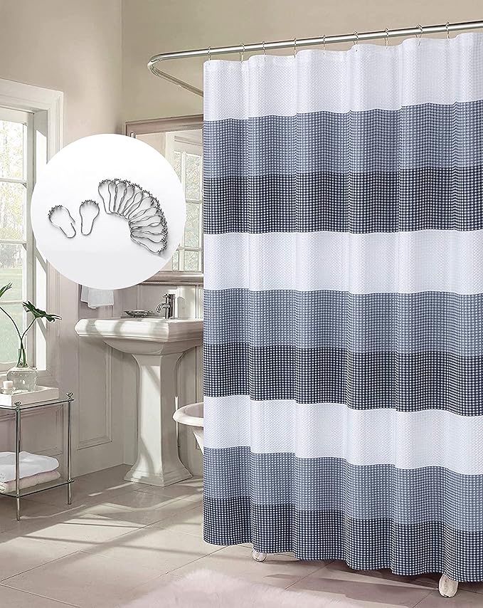 Dainty Home Waffle Weave Waterproof Shower Curtains, Navy 70" x 72", Bath Curtains, Shower Curtain Waterproof Fabric with 12 Roller Ball Hooks