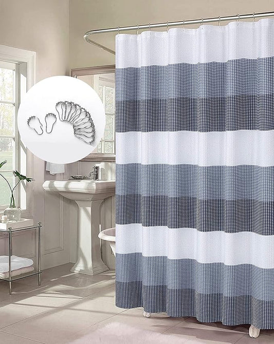 Dainty Home Waffle Weave Waterproof Shower Curtains, Navy 70" x 72", Bath Curtains, Shower Curtain Waterproof Fabric with 12 Roller Ball Hooks