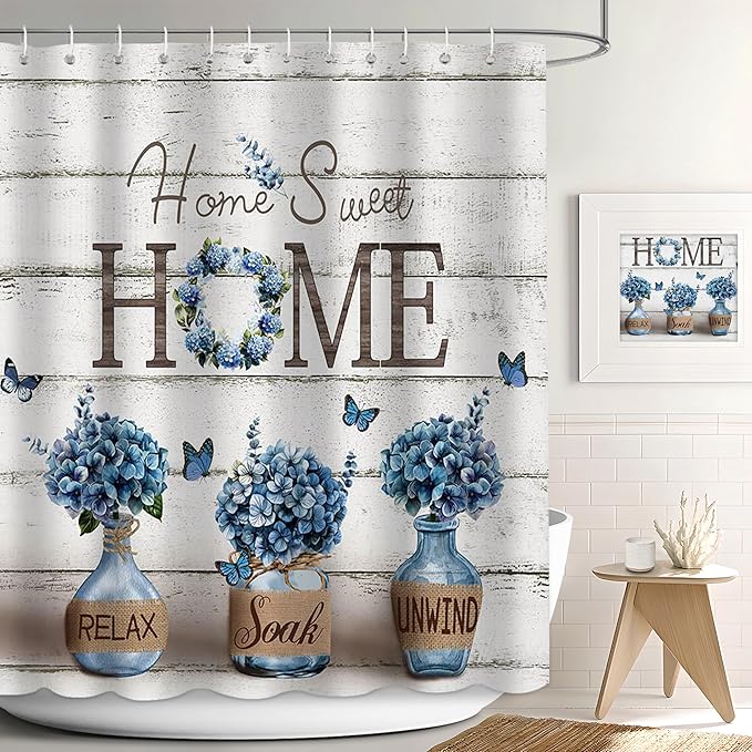 Farmhouse Shower Curtain, Navy Blue Hydrangea Flower Rustic Bathroom Decor with Waterproof Fabric, Country Style Home Sweet Home Shower Curtains for Vintage Bathroom, 72x72 Inch