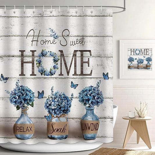Farmhouse Shower Curtain, Navy Blue Hydrangea Flower Rustic Bathroom Decor with Waterproof Fabric, Country Style Home Sweet Home Shower Curtains for Vintage Bathroom, 72x72 Inch