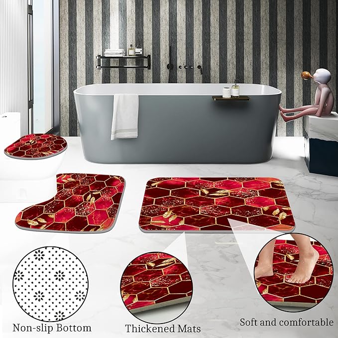 Poedist 4 Pcs Bathroom Shower Curtain Set,Red Honeycomb Marble Bathroom Sets with Rugs(Bath Mat,U Shape and Toilet Lid Cover Mat) and 12 Durable Hooks