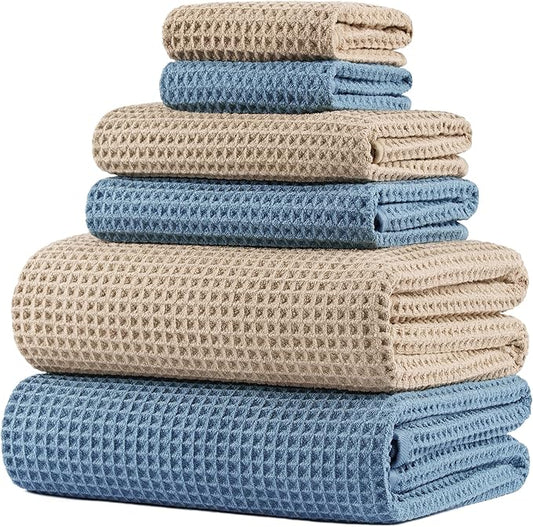 POLYTE 430 GSM Microfiber Quick Dry Lint Free Oversize Bath Towel Set, 6 Piece (Waffle Weave)