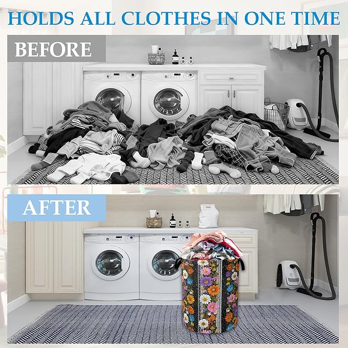 Flower Art Laundry Basket Oxford Cloth Laundry Hamper With Handle, Clothes Storage Basket Toy Organizer for Bathroom/Bedroom/Dormitories 16" X 20.8"