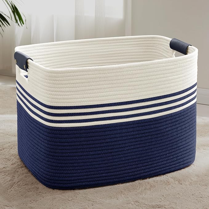 100L Extra Large Laundry Basket with Leather Handles for Living Room Storage, Woven Rope Baskets for Blanket, Kids Toy, Gifts, Wicker Hamper for Bedroom Dirty Clothes, 24"x16"x16" White Navy