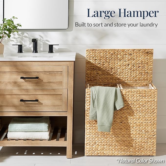 Best Choice Products Large Double Laundry Hamper with Lid, Natural Handwoven Water Hyacinth, 2 Sections w/ 2 Machine Washable Linen Liner Bags, Portable, Handles - Gray