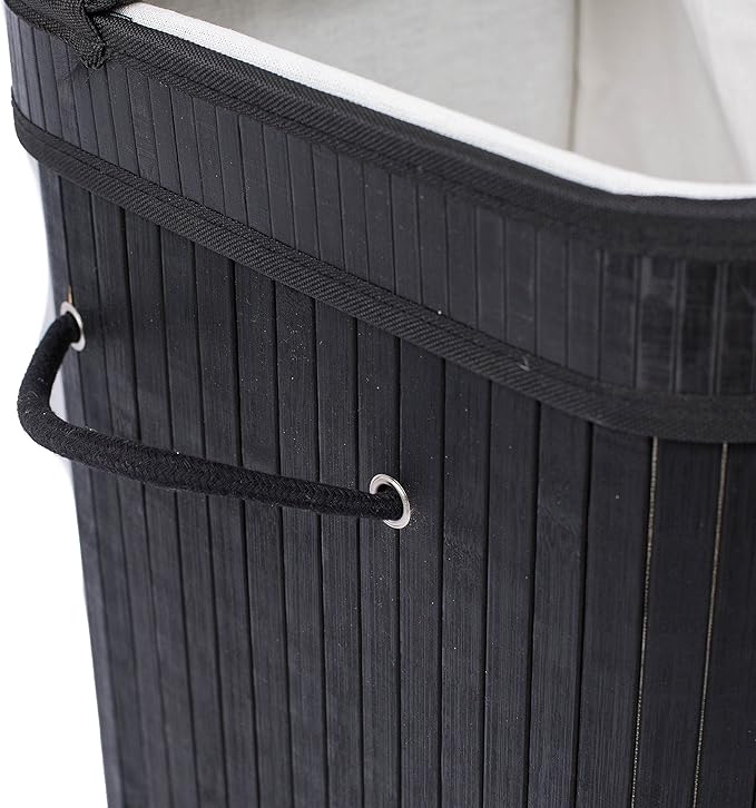 BIRDROCK HOME Double Laundry Hamper with Lid and Cloth Liner - Bamboo - Black - Easily Transport Laundry Basket - 2 Section Collapsible Hamper - String Handles