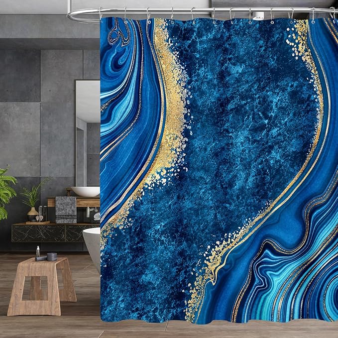 4PCS Blue Gold Marble Bathroom Sets with Shower Curtain and Rugs, Abstract Shower Curtain Sets with Rugs, Modern Bathroom Curtains Shower Set with Toilet Lid Cover Accessories