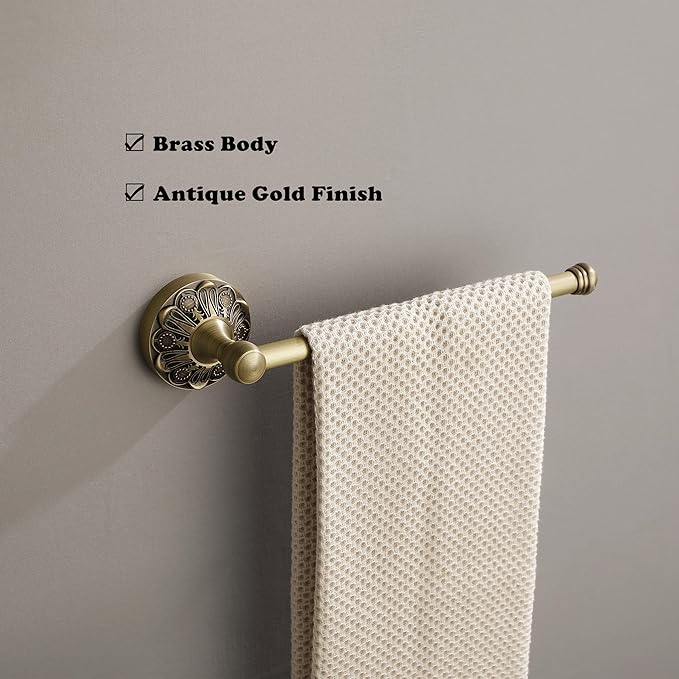 Antique Brass Hand Towel Bar, 12 inch Open-Ended Small Towel Holder Wall Mounted, Vintage Gold Decorative Bathroom Accessories, Brass Petal-Relief Series