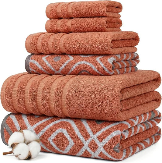 Modern Threads Classic Diamond 6-Piece 100% Cotton Towel Set – Yarn Dyed Jacquard – Includes 2 Bath Towels, 2 Hand Towels, 2 Washcloths – Absorbent, Quick Dry, Soft & Durable – Rust Orange