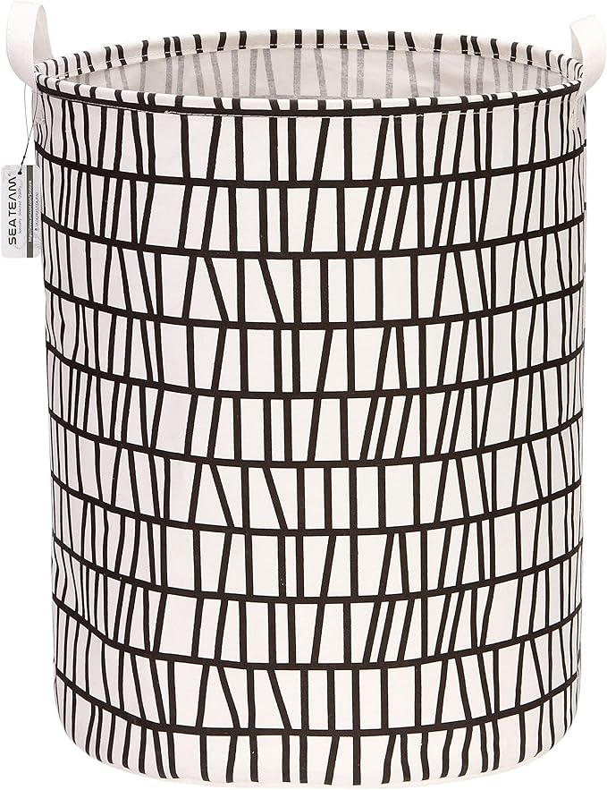 Sea Team 19.7 Inches Large Sized Waterproof Coating Ramie Cotton Fabric Folding Laundry Hamper Bucket Cylindric Burlap Canvas Storage Basket with Stylish Branch Black Design